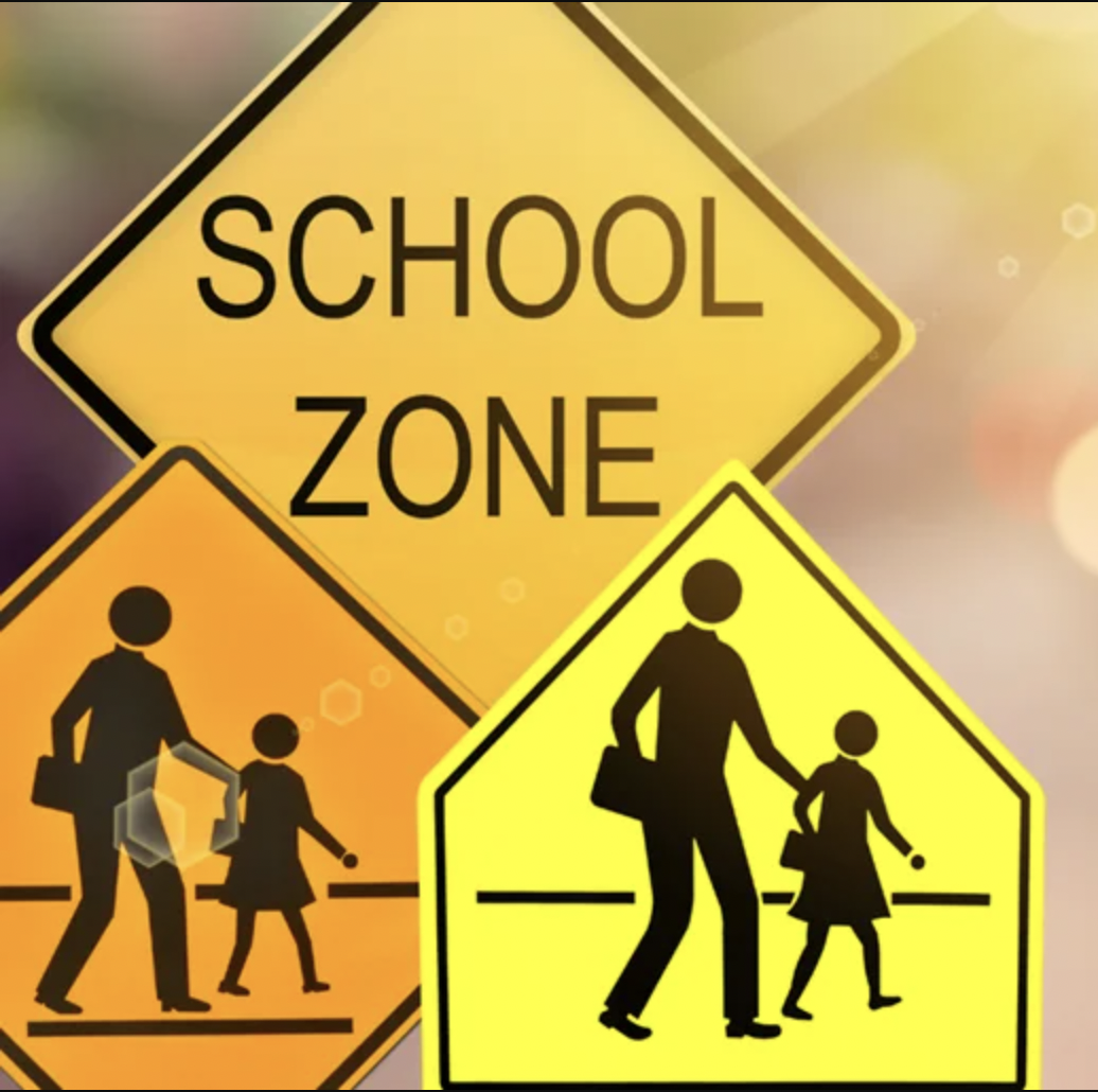 school zone sign with cross walk sign