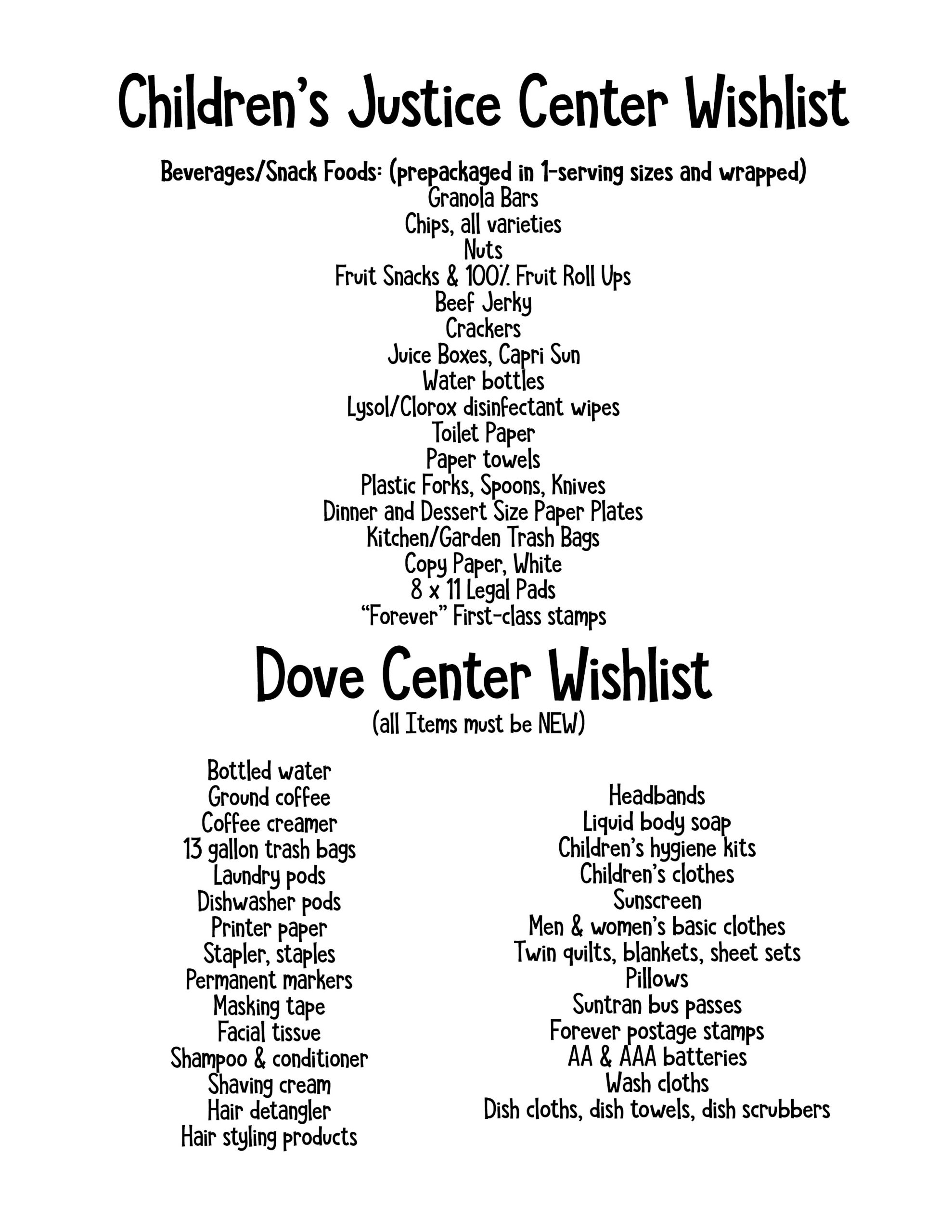 dove center and children's justice center wishlist of items