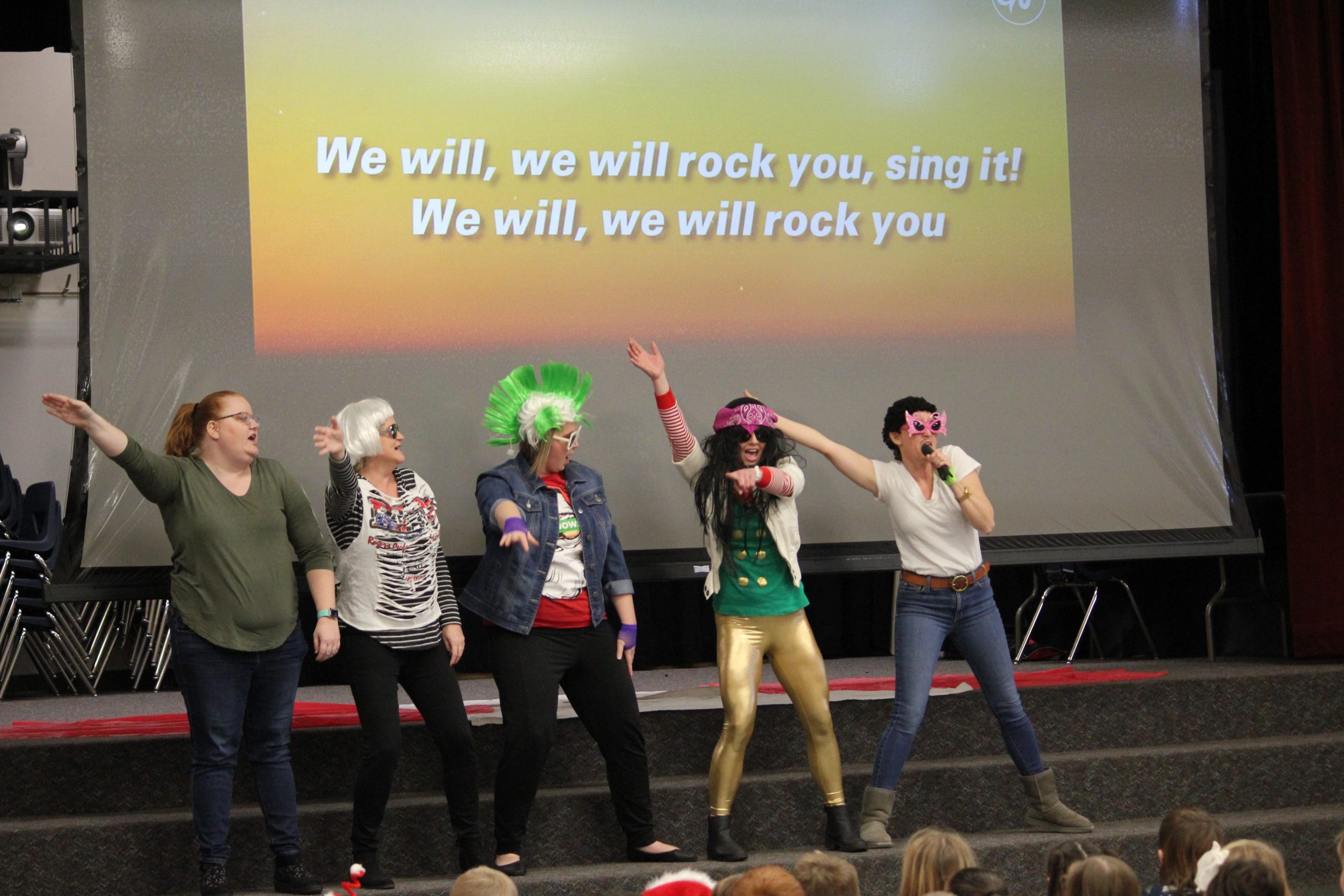 2nd grade teachers lip syncing to we will rock you